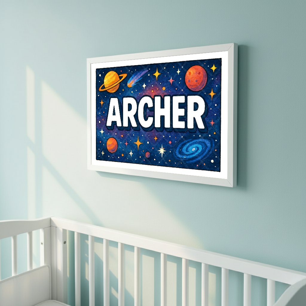 Personalized space nursery art for kids – Archer name print