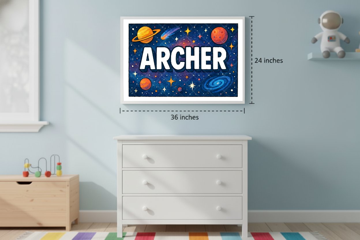 Personalized space nursery art for kids – Archer name print
