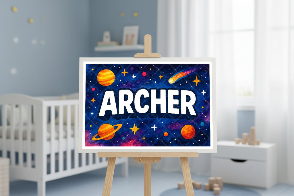 Personalized space nursery art for kids – Archer name print