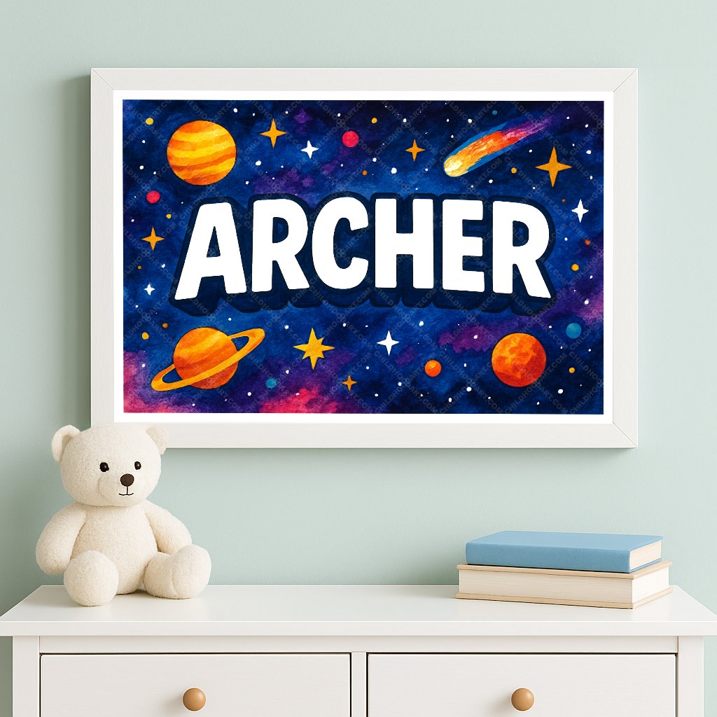 Personalized space nursery art for kids – Archer name print