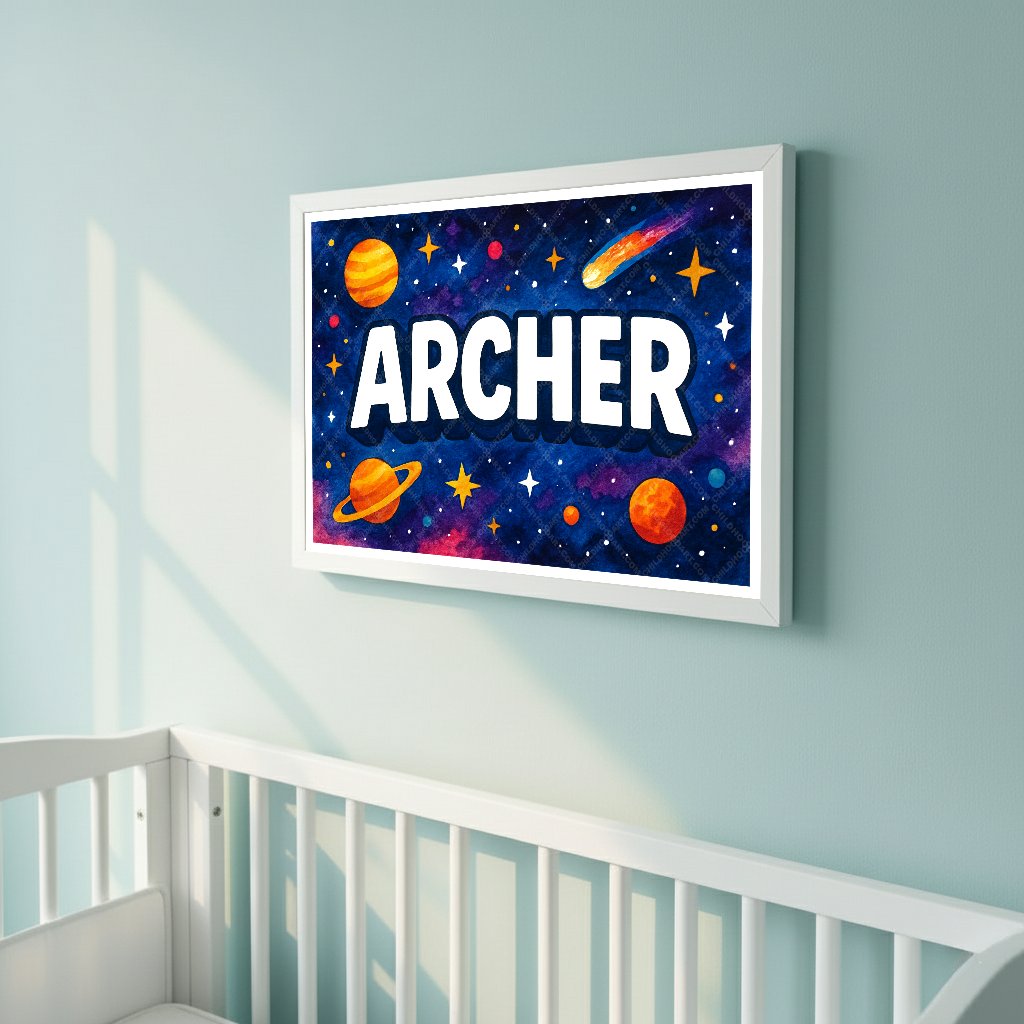 Personalized space nursery art for kids – Archer name print