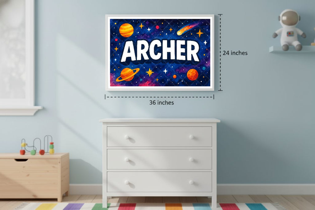 Personalized space nursery art for kids – Archer name print