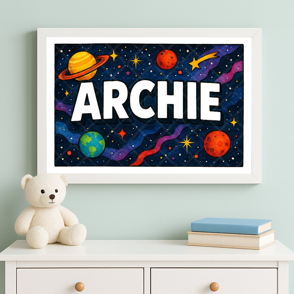 Personalized space nursery art for kids – Archie name print