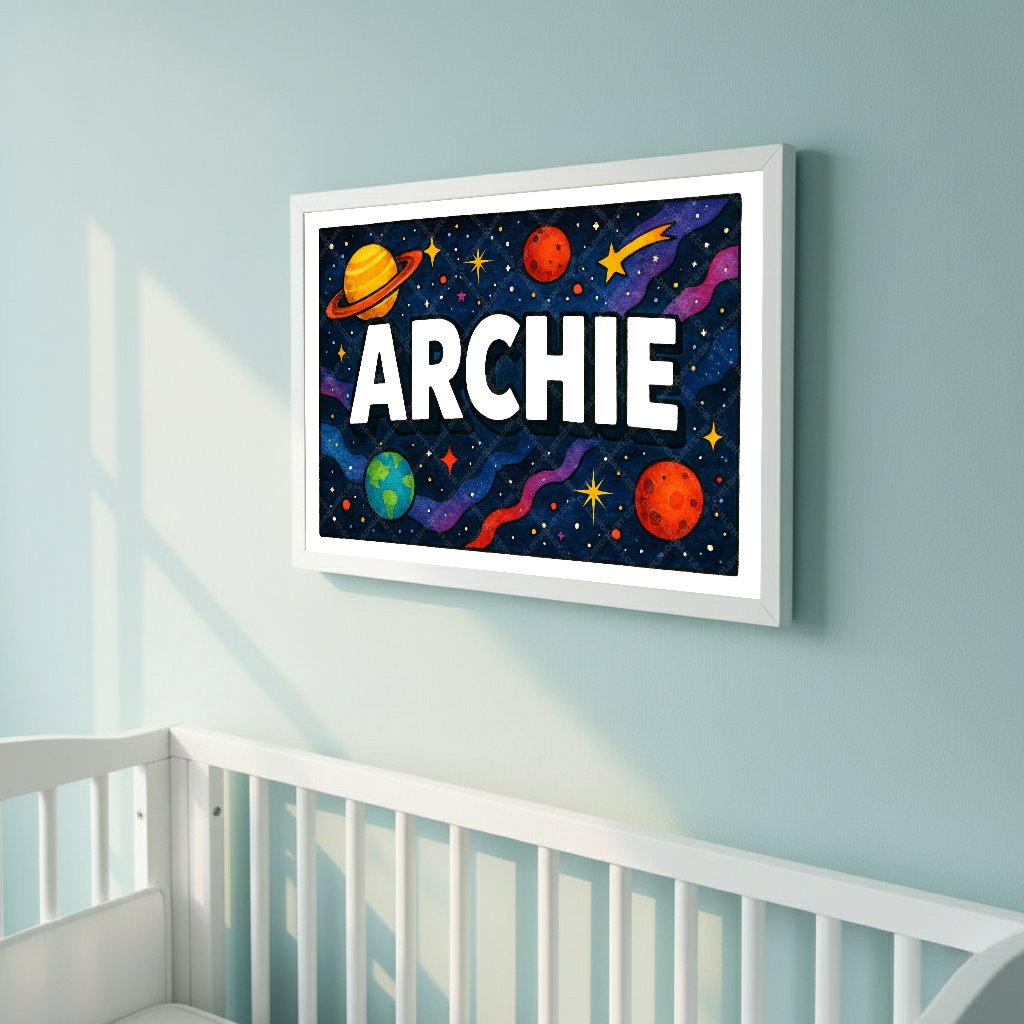Personalized space nursery art for kids – Archie name print