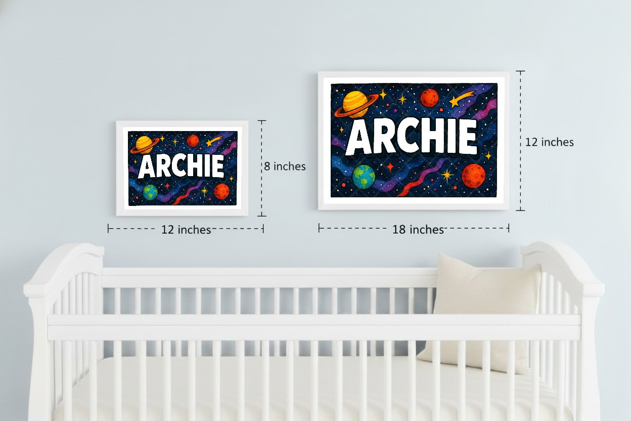 Personalized space nursery art for kids – Archie name print