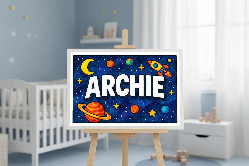 Personalized space nursery art for kids – Archie name print