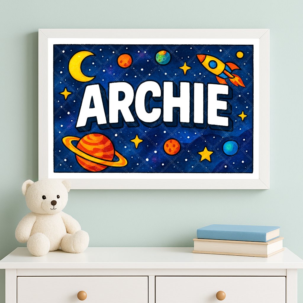 Personalized space nursery art for kids – Archie name print