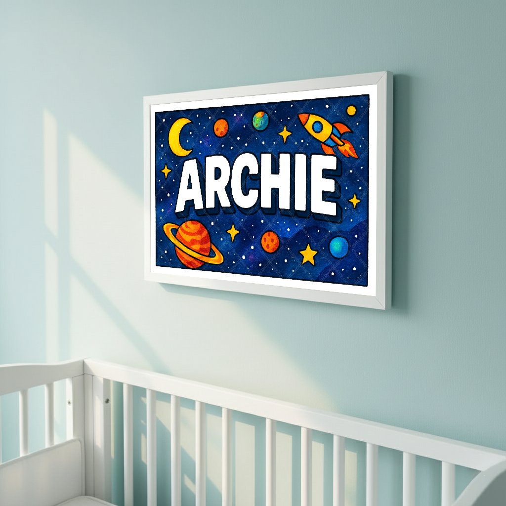 Personalized space nursery art for kids – Archie name print