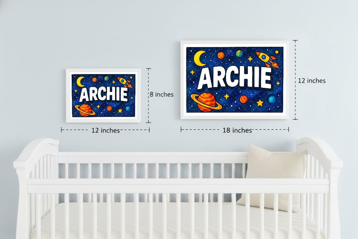Personalized space nursery art for kids – Archie name print