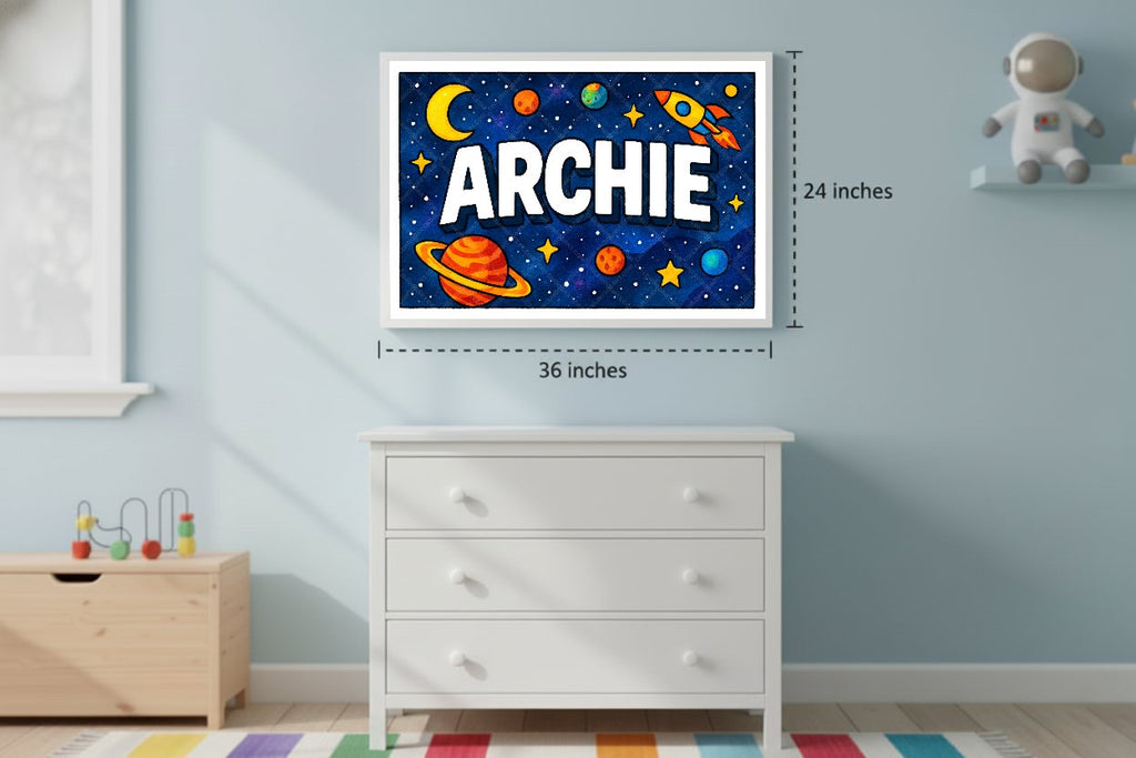 Personalized space nursery art for kids – Archie name print