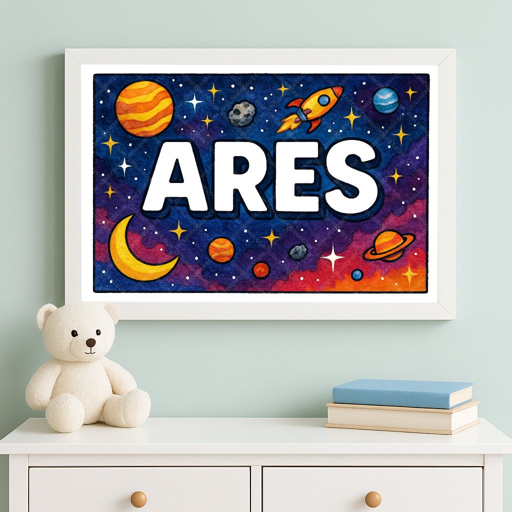 Personalized space nursery art for kids – Ares name print