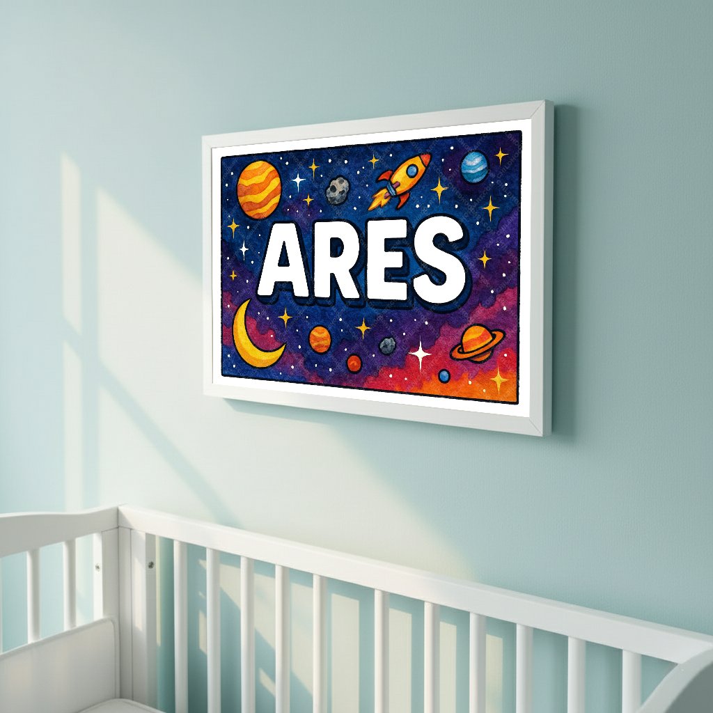 Personalized space nursery art for kids – Ares name print
