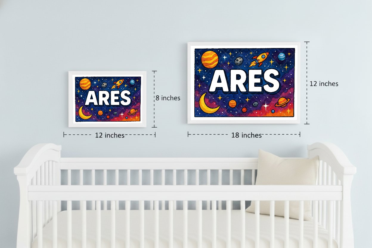 Personalized space nursery art for kids – Ares name print