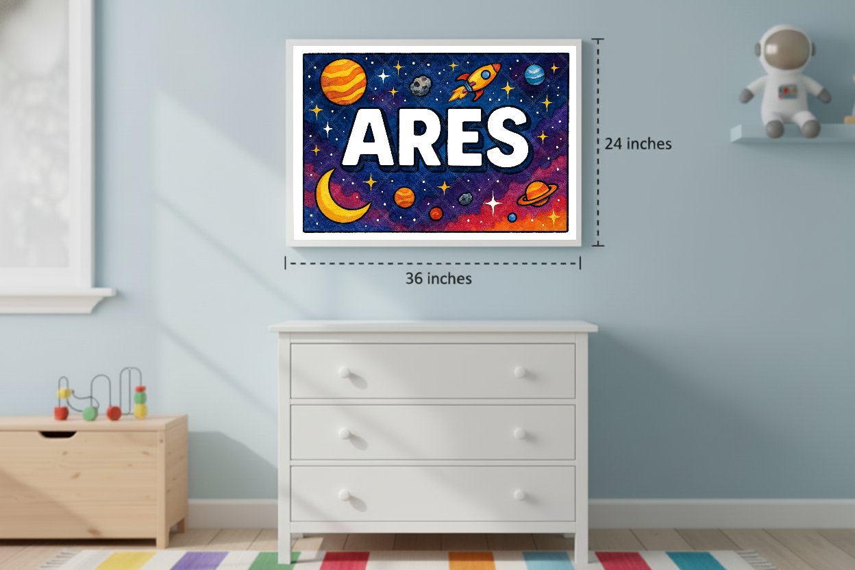 Personalized space nursery art for kids – Ares name print