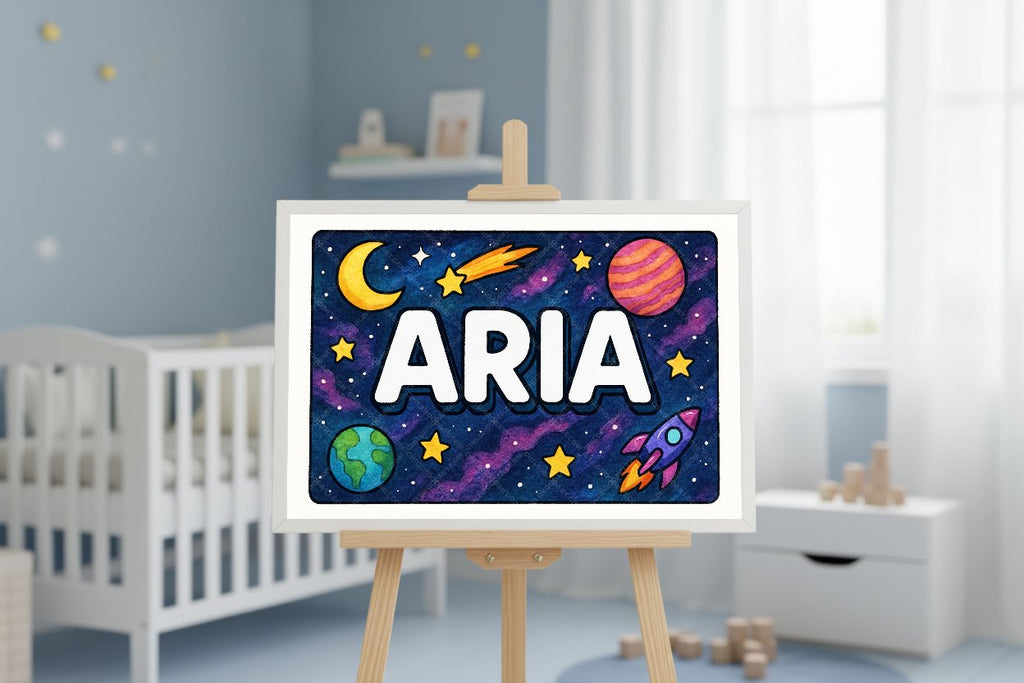 Personalized space nursery art for kids – Aria name print