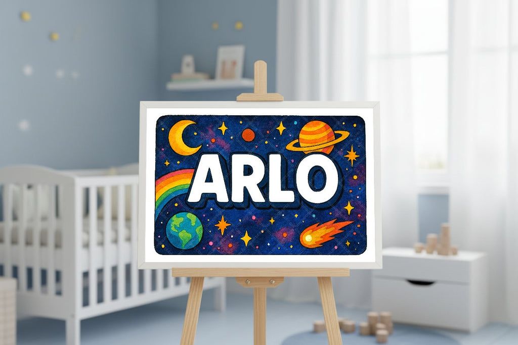 Personalized space nursery art for kids – Arlo name print