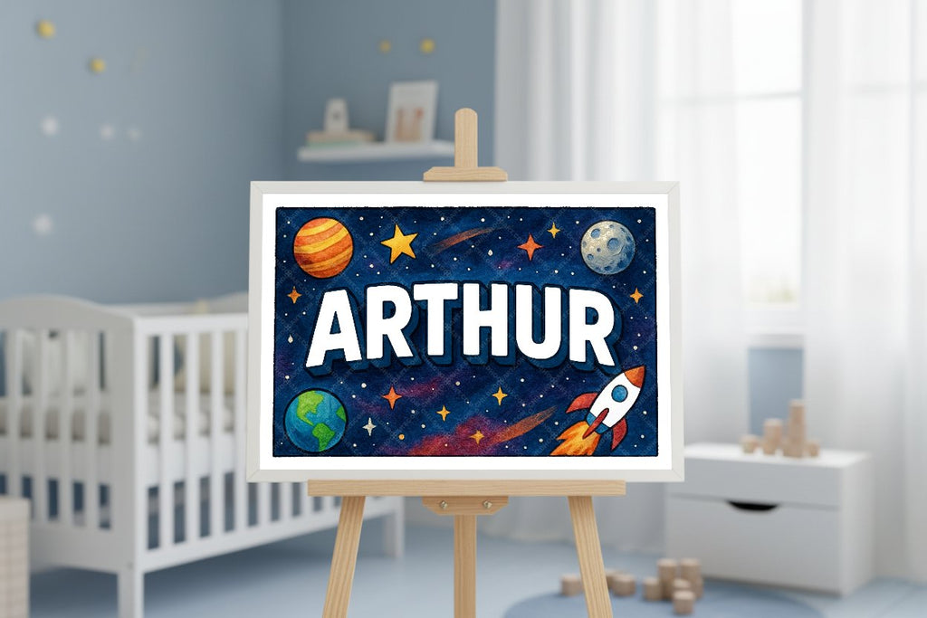 Personalized space nursery art for kids – Arthur name print