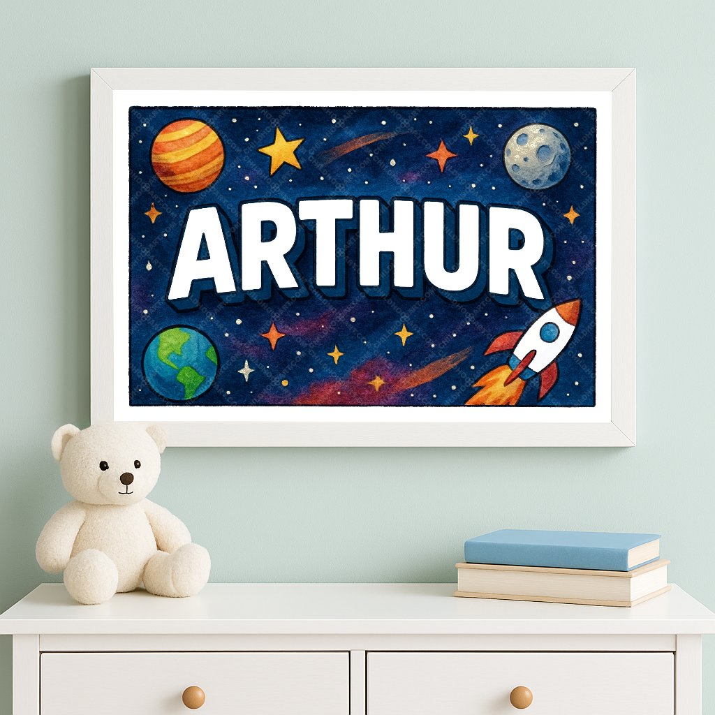 Personalized space nursery art for kids – Arthur name print