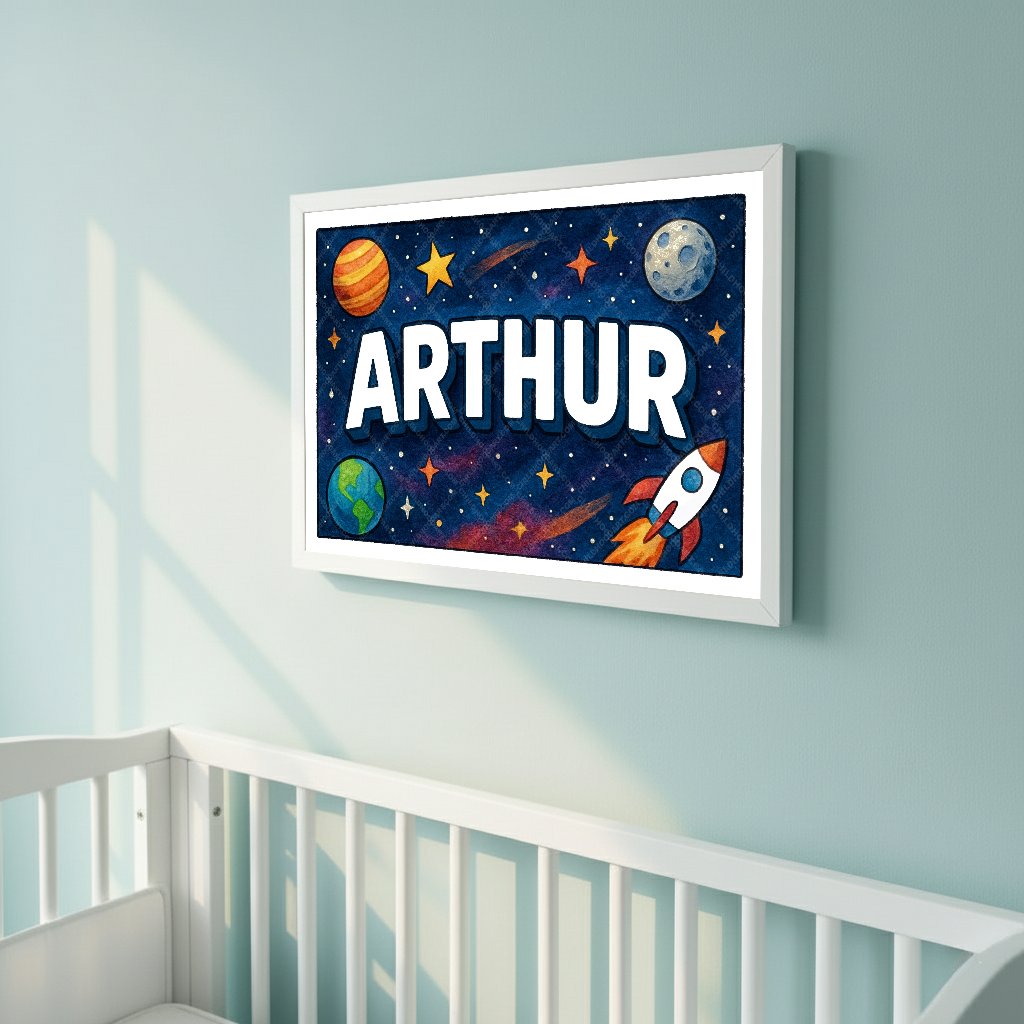 Personalized space nursery art for kids – Arthur name print