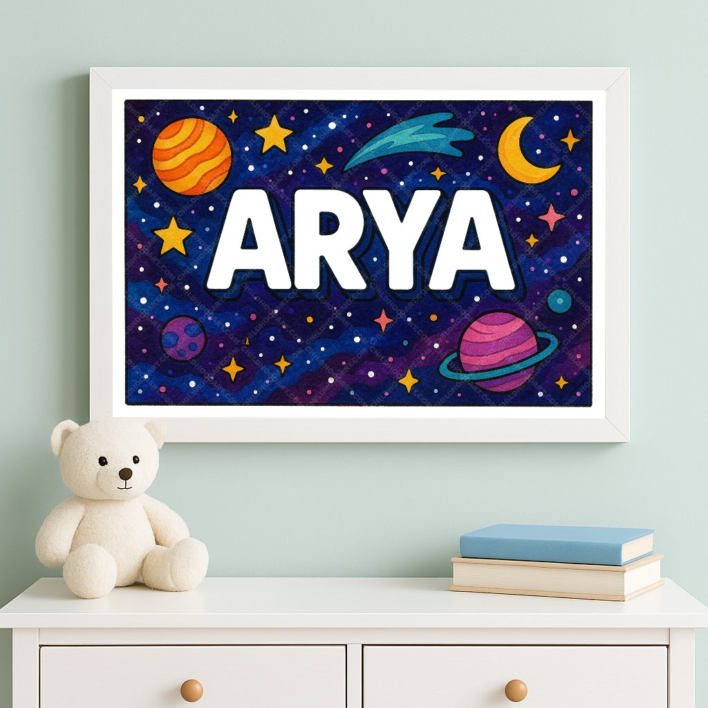 Personalized space nursery art for kids – Arya name print