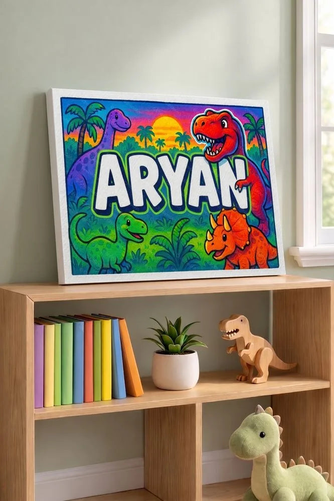 Aryan Name Art - Dinosaur Adventure personalized wall print for kids
