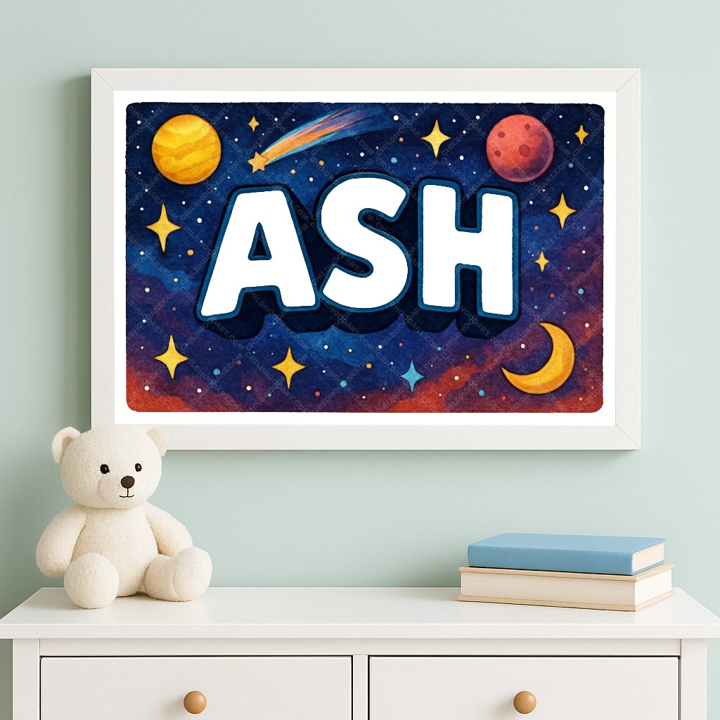 Personalized space nursery art for kids – Ash name print