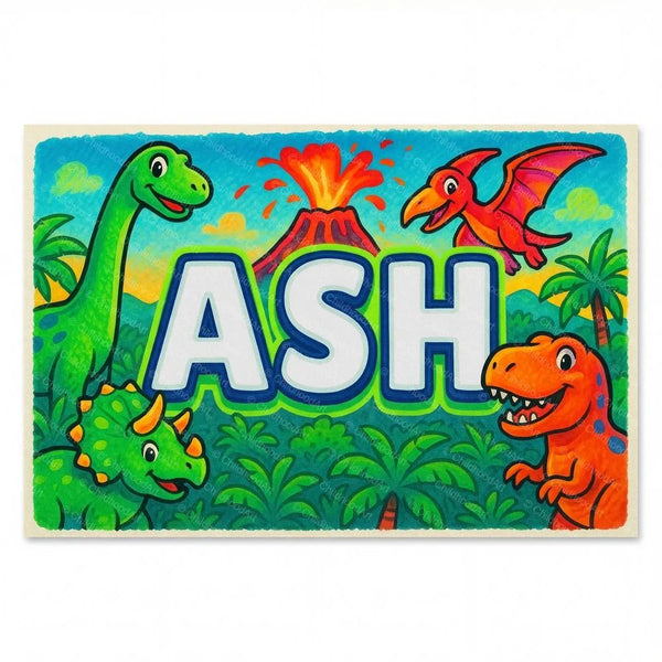 Personalized Ash name art print in the Dinosaur adventure style