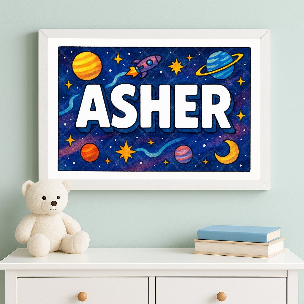 Personalized space nursery art for kids – Asher name print