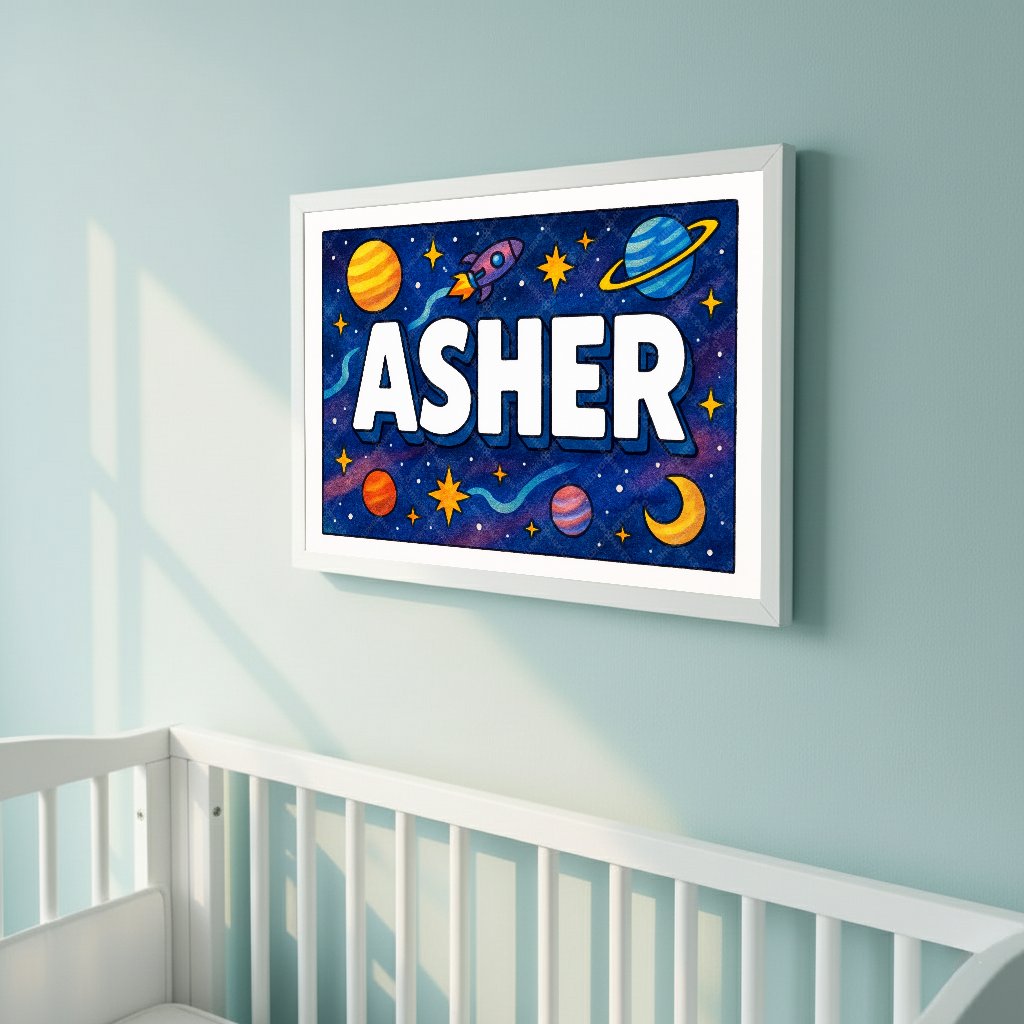 Personalized space nursery art for kids – Asher name print