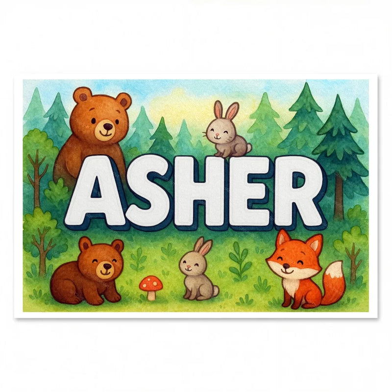 Calm personalized woodland name art for Asher