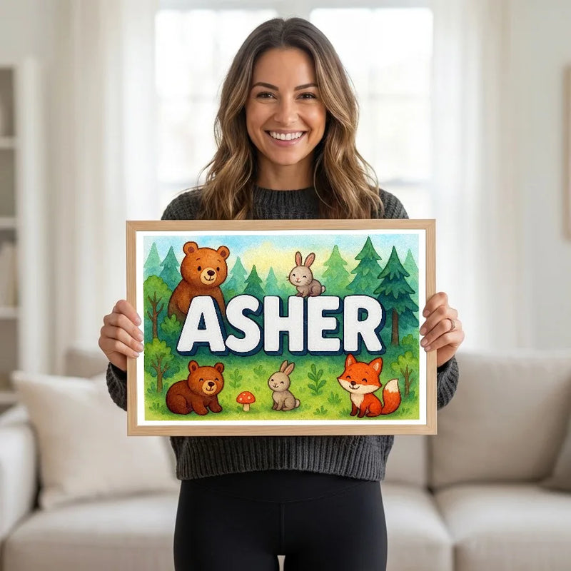 Calm personalized woodland name art for Asher