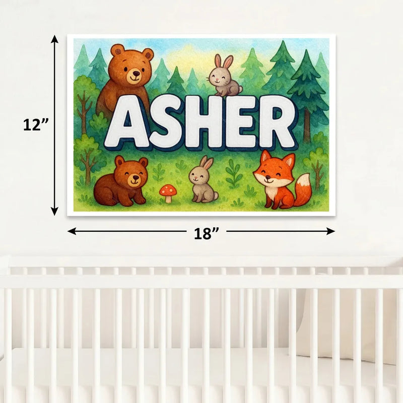 Calm personalized woodland name art for Asher
