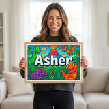 Adventurous personalized dinosaur name art for Asher