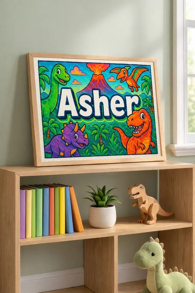 Adventurous personalized dinosaur name art for Asher