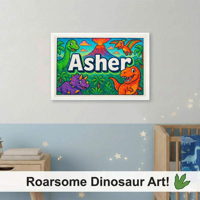 Adventurous personalized dinosaur name art for Asher