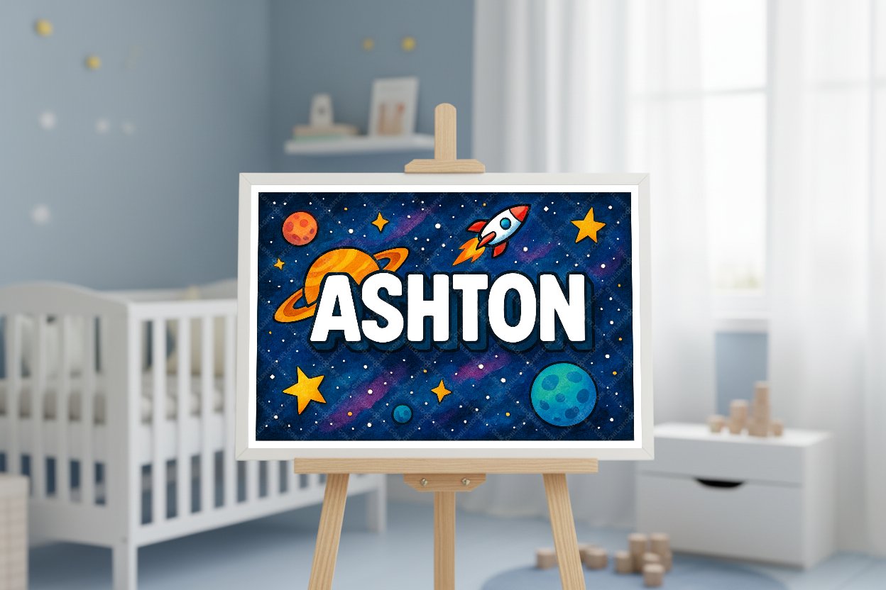 Personalized space nursery art for kids – Ashton name print