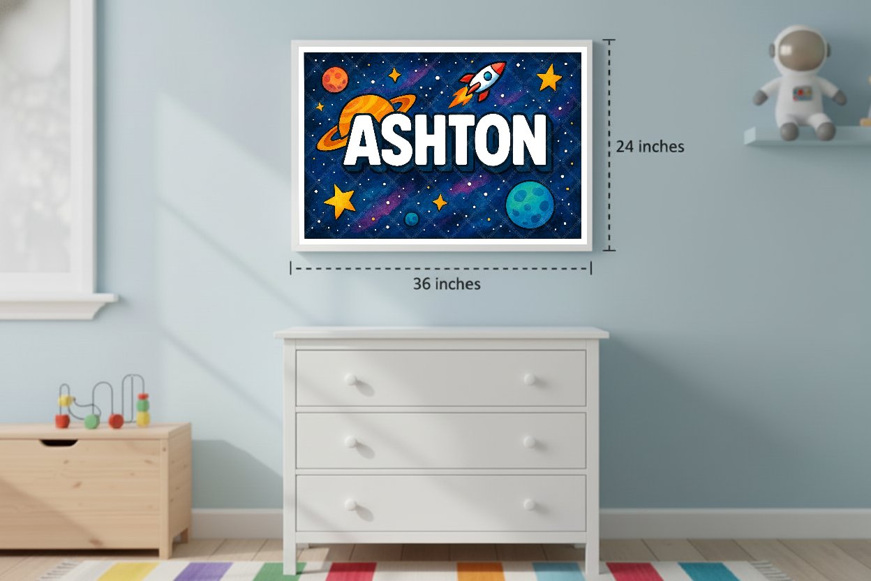 Personalized space nursery art for kids – Ashton name print