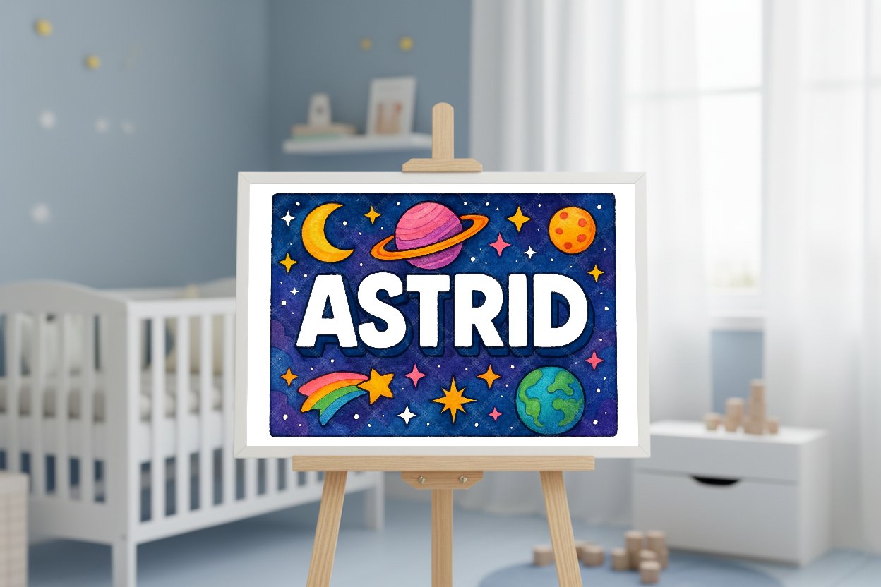 Personalized space nursery art for kids – Astrid name print