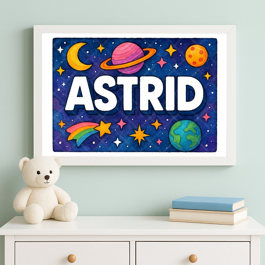 Personalized space nursery art for kids – Astrid name print