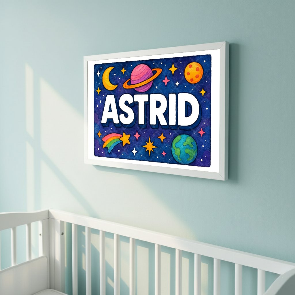 Personalized space nursery art for kids – Astrid name print