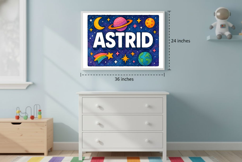 Personalized space nursery art for kids – Astrid name print