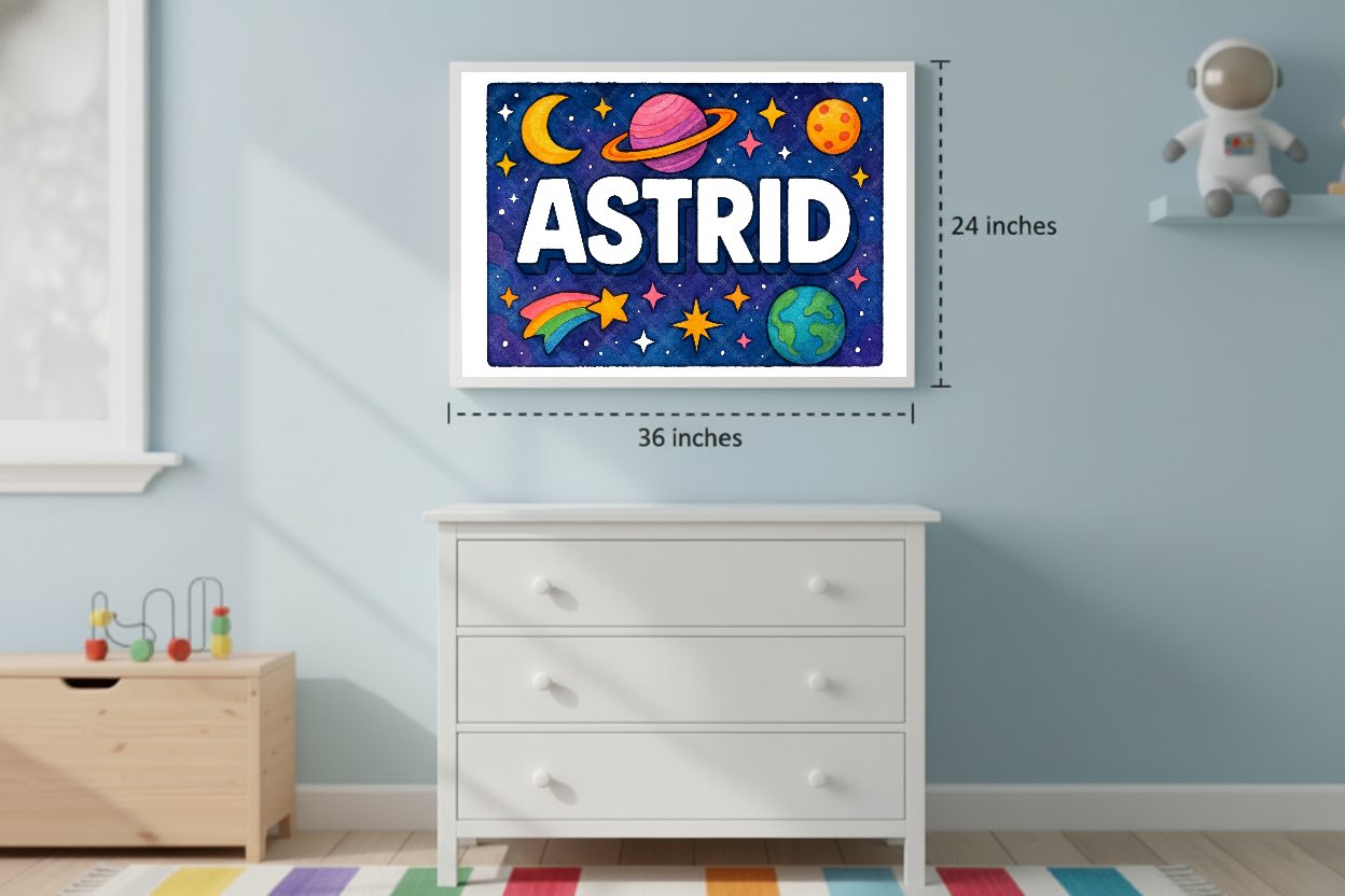 Personalized space nursery art for kids – Astrid name print