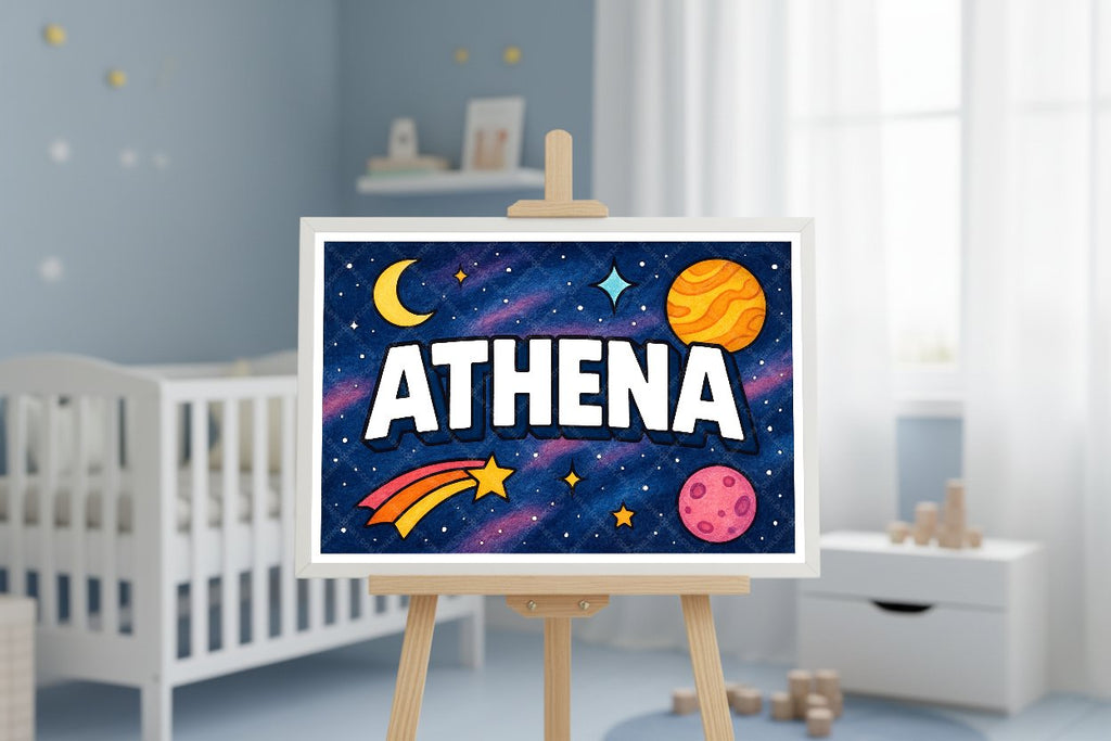 Personalized space nursery art for kids – Athena name print