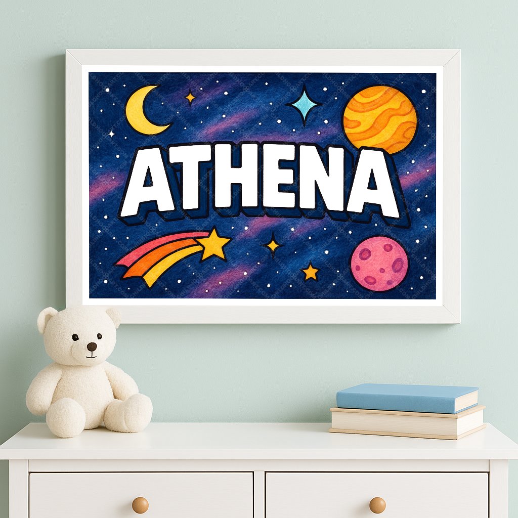 Personalized space nursery art for kids – Athena name print