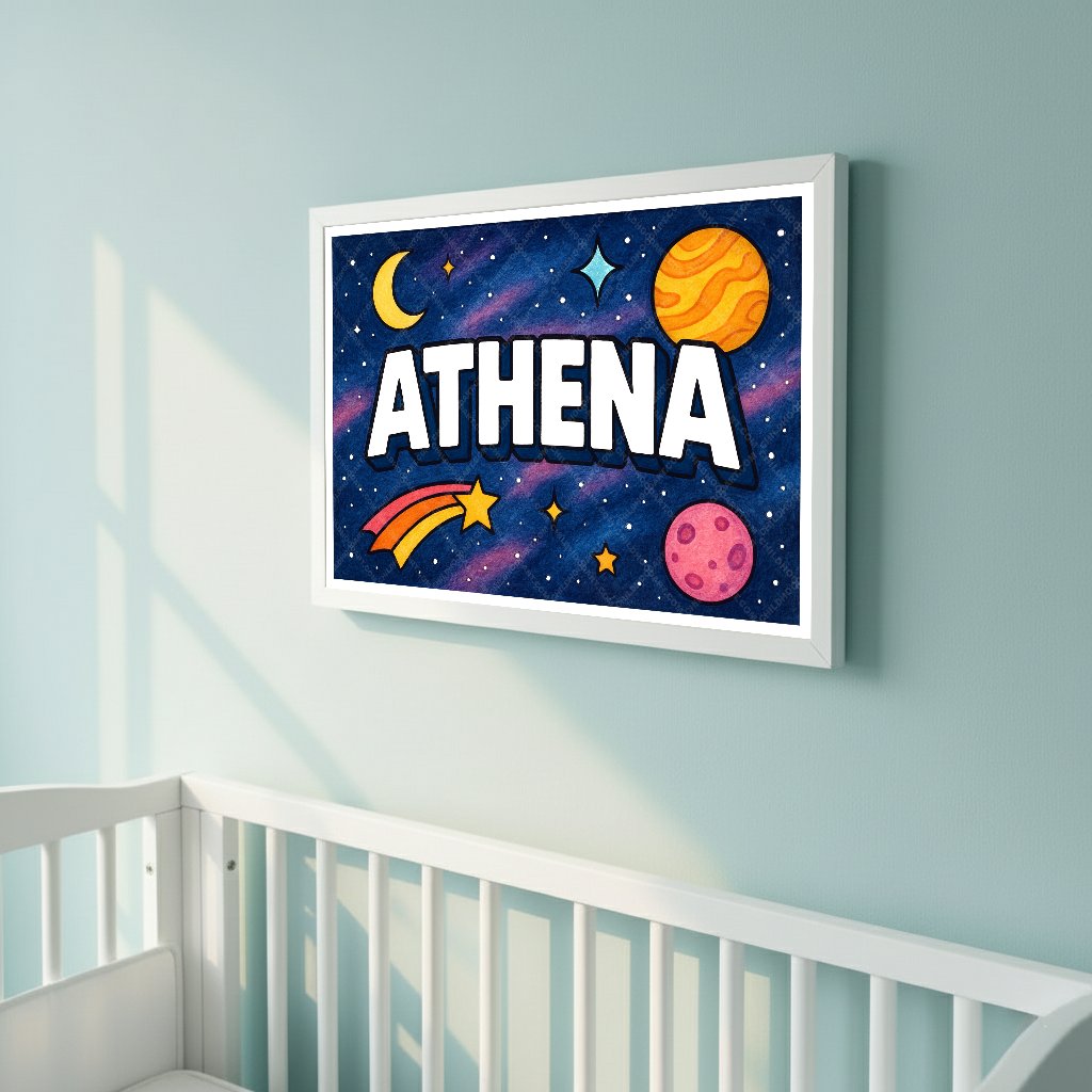 Personalized space nursery art for kids – Athena name print