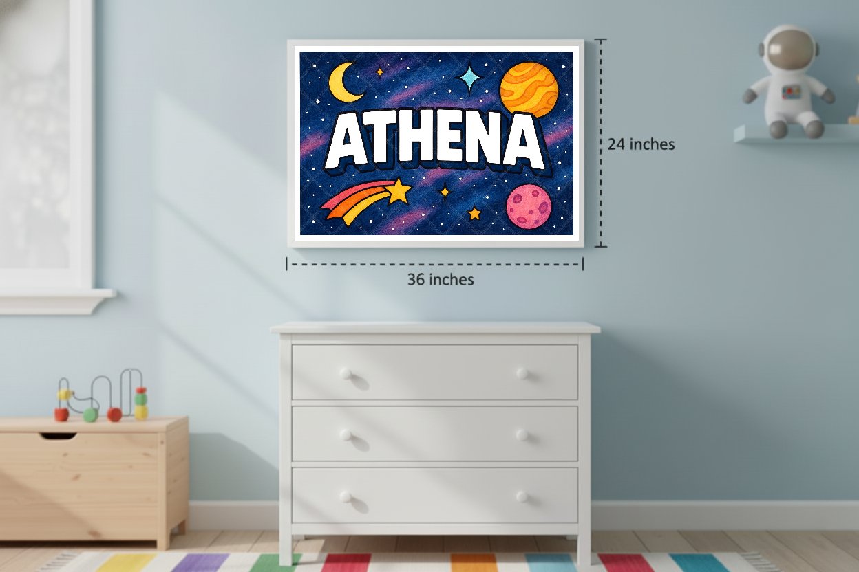 Personalized space nursery art for kids – Athena name print