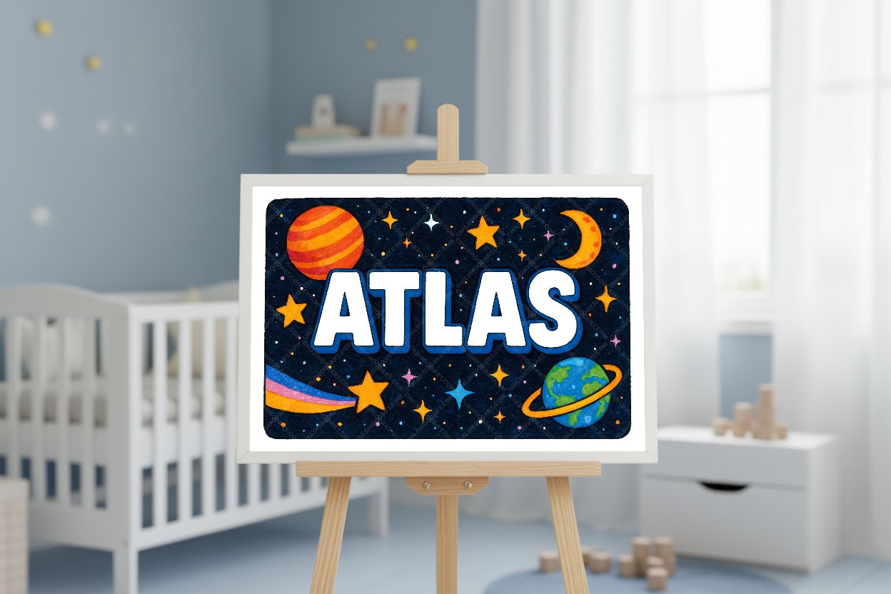 Personalized space nursery art for kids – Atlas name print