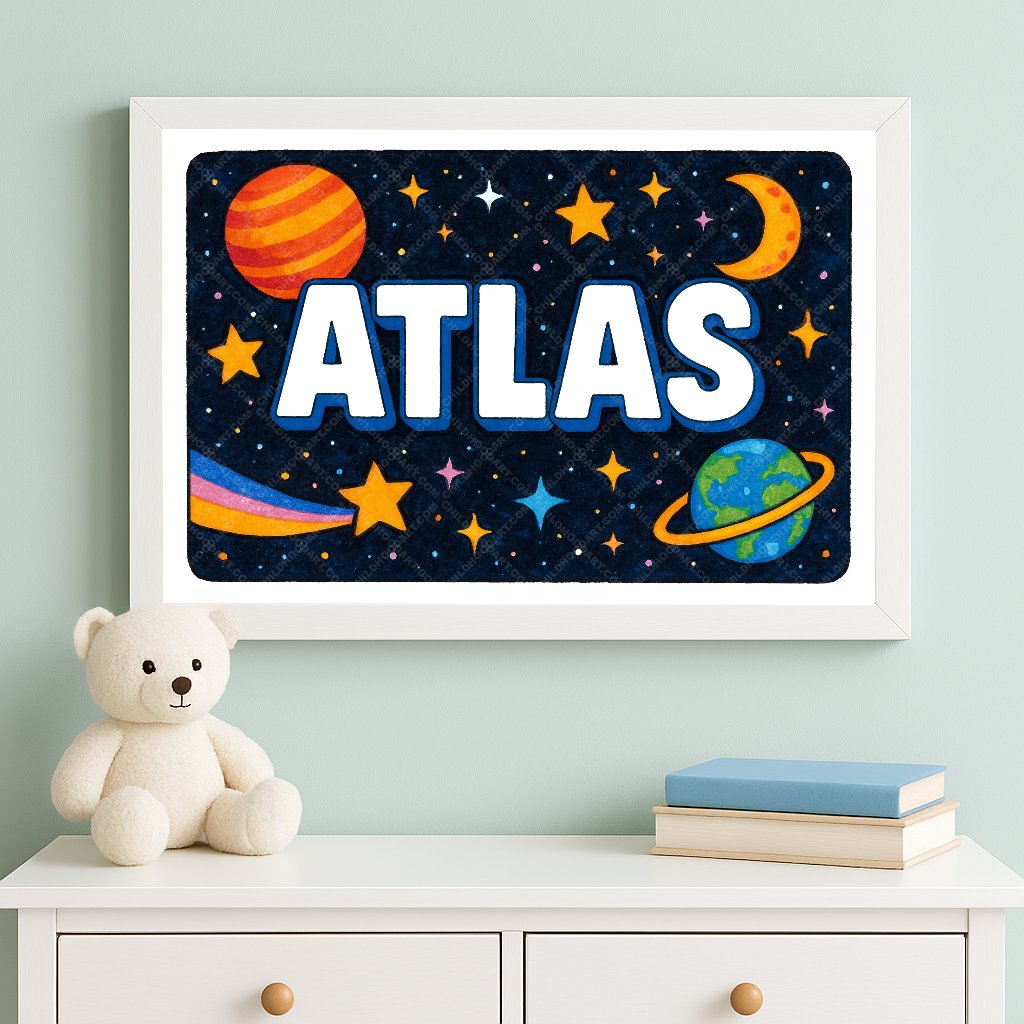 Personalized space nursery art for kids – Atlas name print