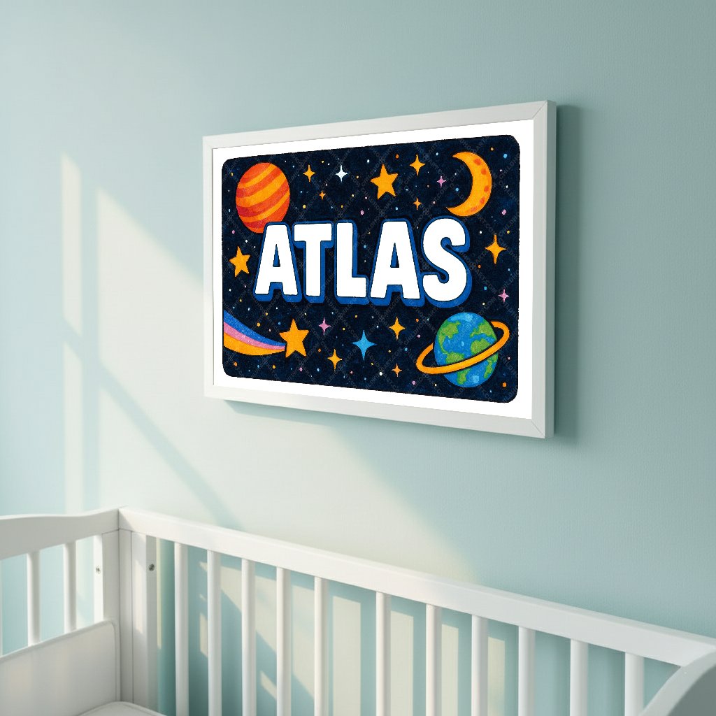Personalized space nursery art for kids – Atlas name print