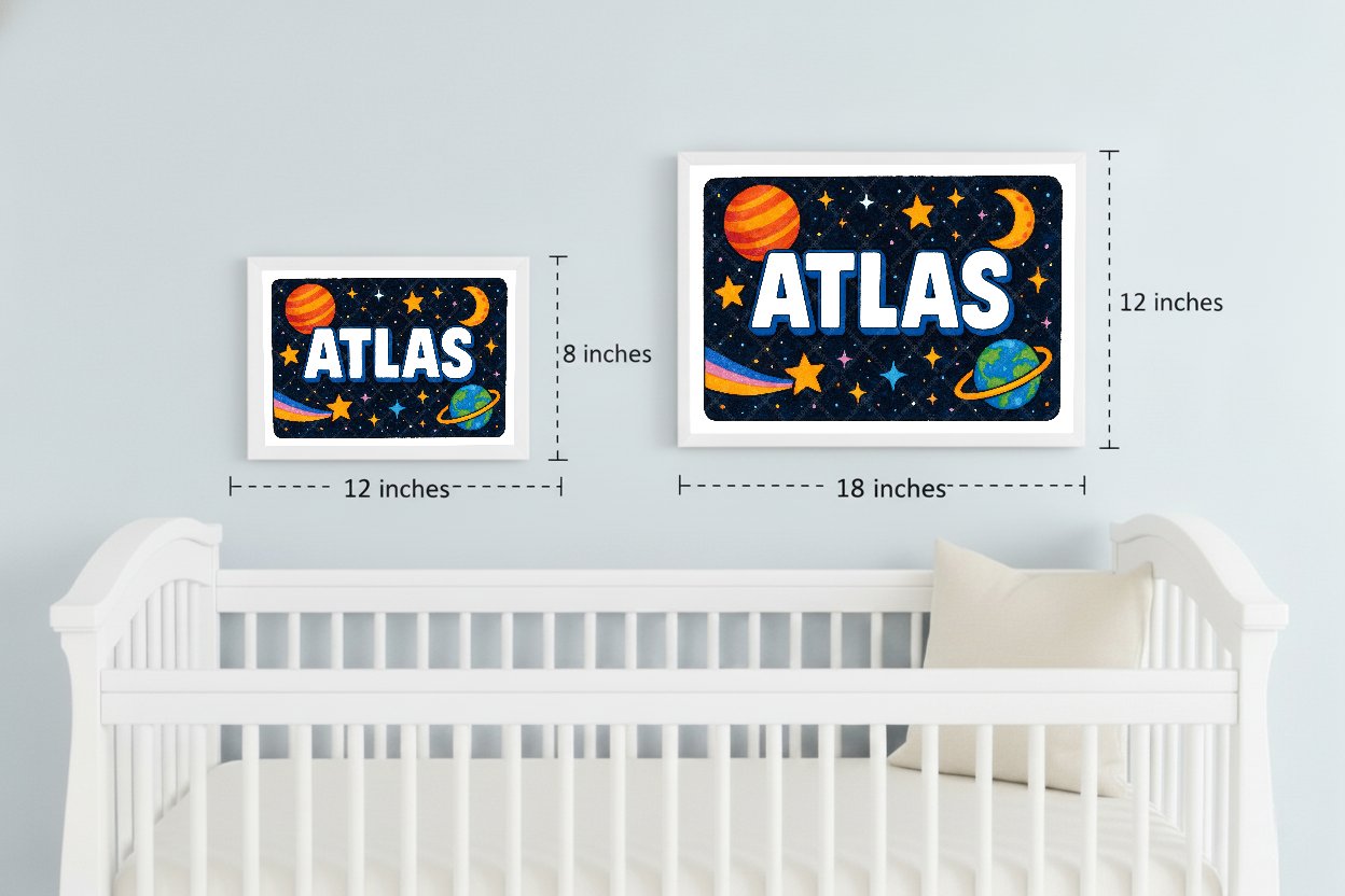 Personalized space nursery art for kids – Atlas name print